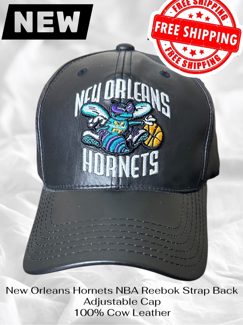 New Orleans Hornets NBA Reebok Strap Back Cap Adjustable 100% Leather FREE SHIP